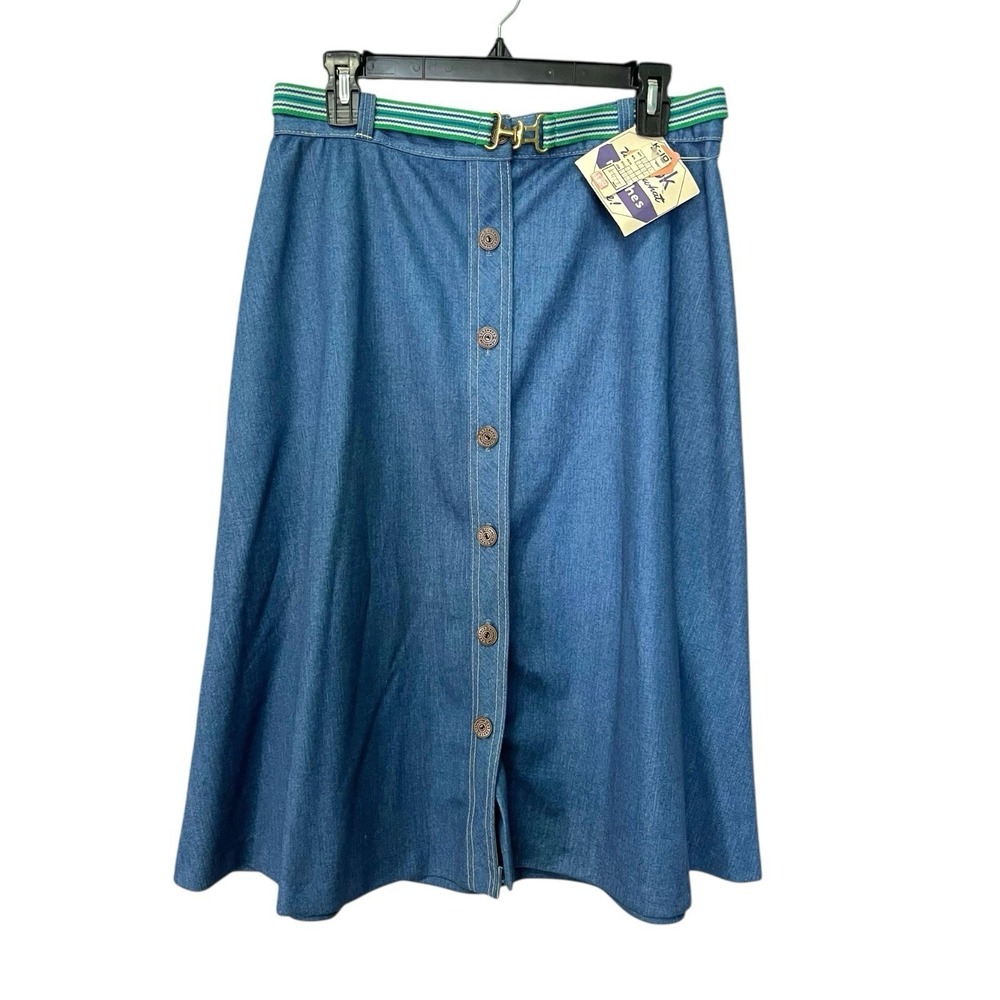 K-10 18 Blue Denim Midi Skirt Button Front Belted A-Line Vintage Cottagecore